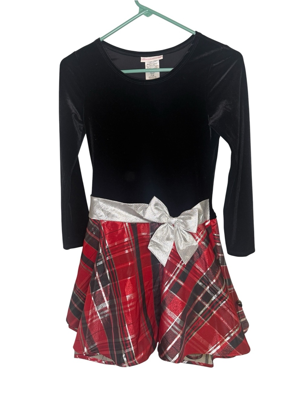 Bonnie Jean Girls Size 12 Velvet & Red Metallic Plaid Holiday Party Dress